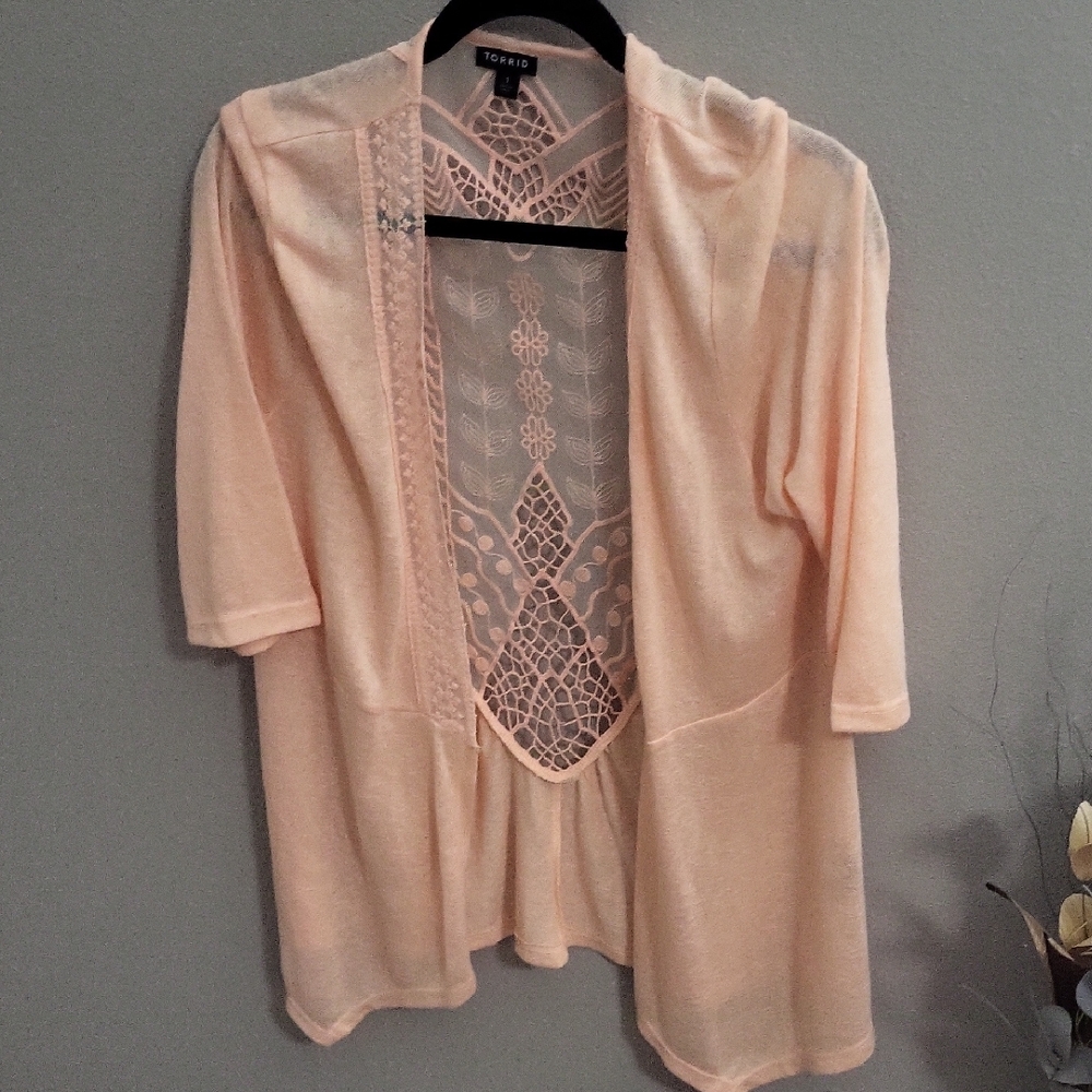 torrid Peach Open-Front Crochet-Back Cardigan
